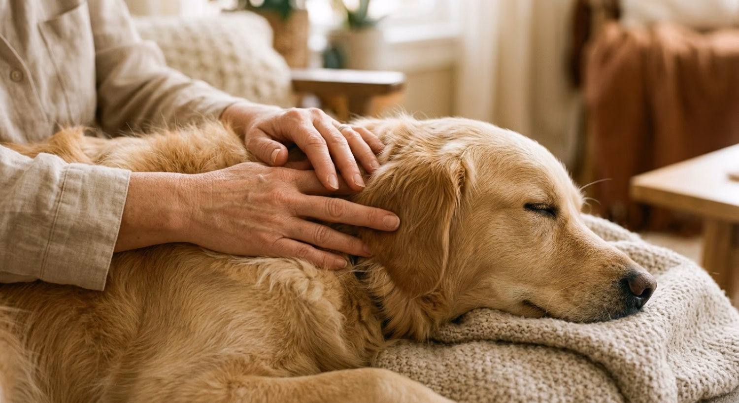 Sanftes Berühren – Hände auf einem ruhenden Golden Retriever